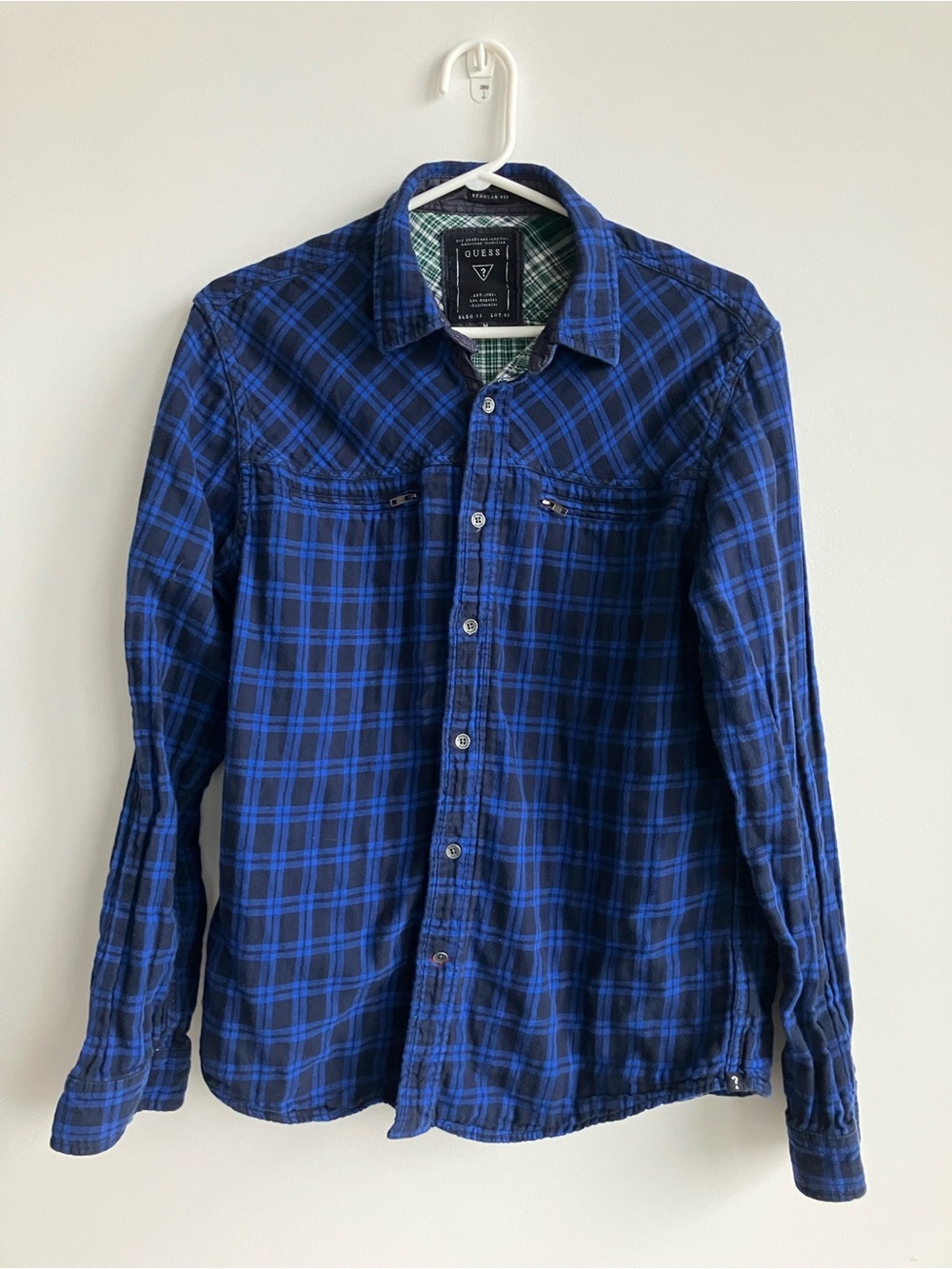 GUESS Men’s Blue Plaid Button‑Down Shirt